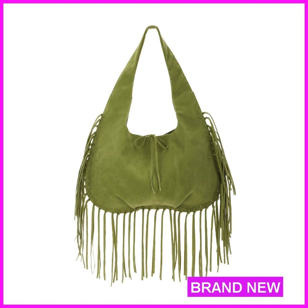Vegan Faux Suede Hobo Bag with Fringe Tassel Shoulder Purse - Picture 1 of 7
